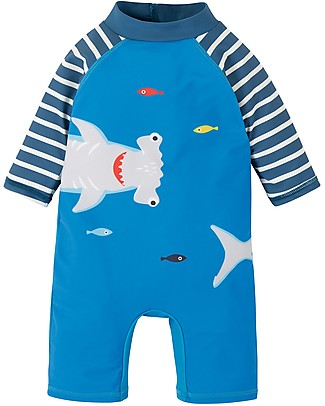 Frugi Tutina Costume Little Sun Safe - Squalo/Blu Motosu - UPF 50+ Tutine Lunghe Senza Piedi
