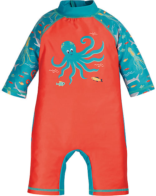 Frugi Tutina Costume Little Sun Safe - Tiger Orange/Octopus - Arancio/Polpo - UPF 40+ T-shirt Anti UV