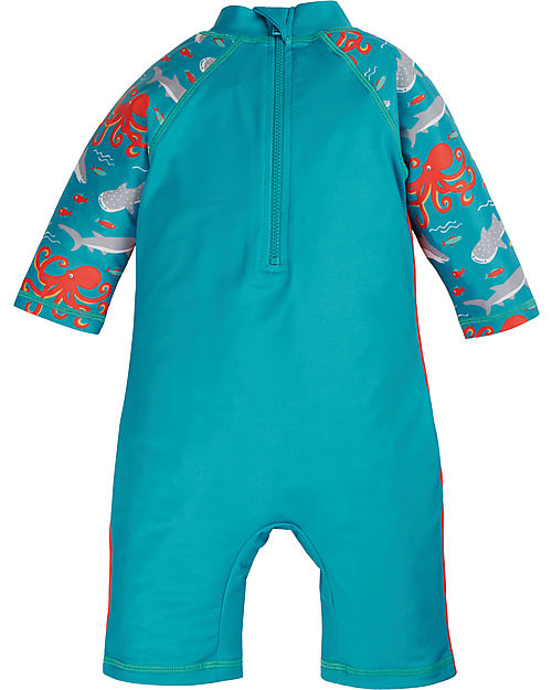 Frugi Tutina Costume Little Sun Safe - Tiger Orange/Octopus - Arancio/Polpo - UPF 40+ T-shirt Anti UV
