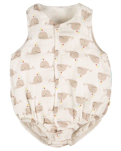 Frugi Tutina Elowen Senza Maniche - Balene - 100% mussola di cotone bio Tutine Corte
