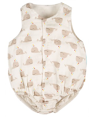 Frugi Tutina Elowen Senza Maniche - Balene - 100% mussola di cotone bio Tutine Corte