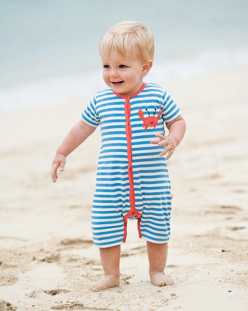 Frugi Tutina Granchio - Righe Bianche e Azzurre - 100% Cotone Bio Tutine Corte