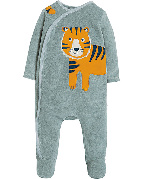 Frugi Tutina Kimono con Piedi Stevie Swoop, Grigio/Tigre - Ciniglia di cotone Bio Tutine Lunghe