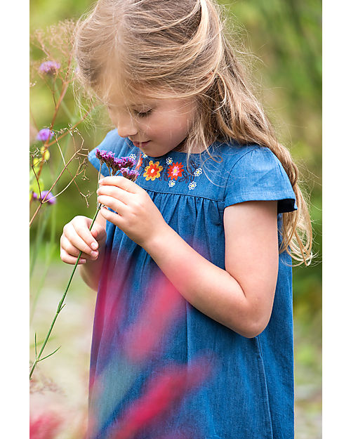 Frugi Vestito Bimba Gemma Chambray - Blu/Fiori - 100% Denim Cotone Bio GOTS Vestiti_
