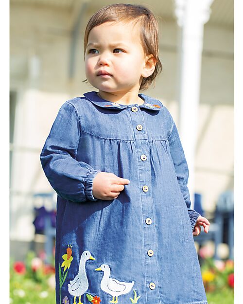 Frugi Vestito Camicia a Maniche Lunghe con Appliqué Blu Cotone
