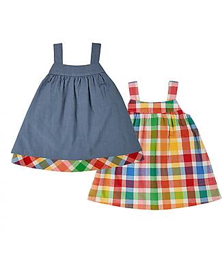 Frugi Vestito Reversibile Rosemary - Wells-Next-The-Sea - Quadri Arcobaleno e Jeans - Cotone Organico Vestiti_