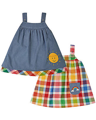 Frugi Vestito Reversibile Rosemary - Wells-Next-The-Sea - Quadri Arcobaleno e Jeans - Cotone Organico Vestiti_