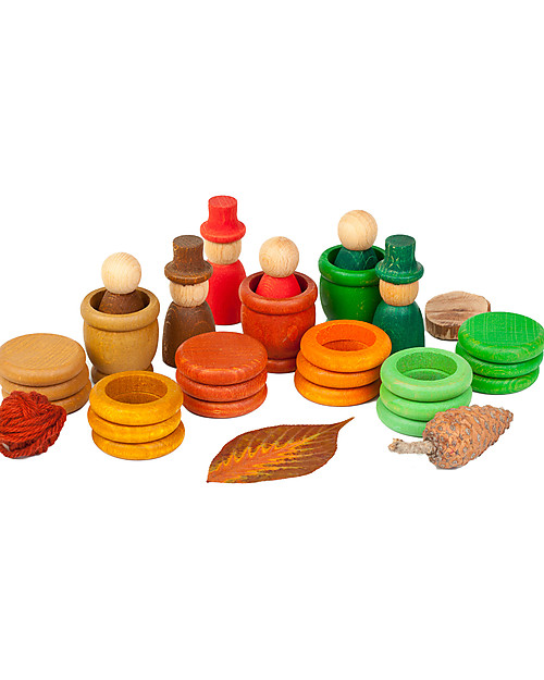 Grapat Aguamarina Autunno: Omini +  Vasi + Anelli + Monete - Legno Sostenibile Giochi Montessoriani