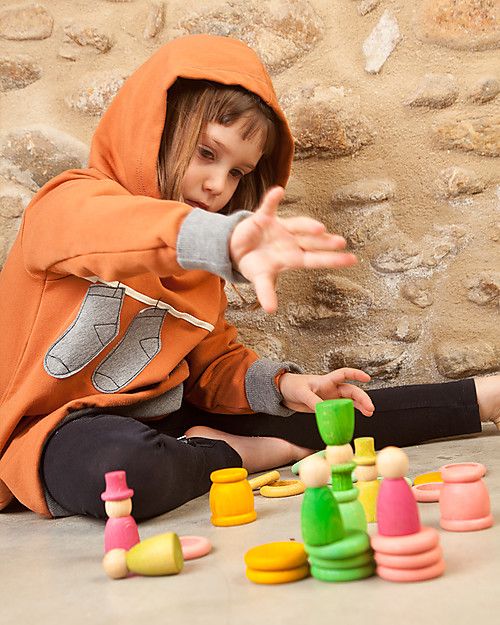 Grapat Aguamarina Primavera: Omini + Vasi + Anelli   
 + Monete - Legno Sostenibile Giochi Montessoriani