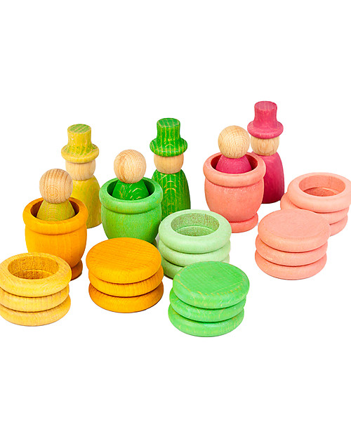 Grapat Aguamarina Primavera: Omini + Vasi + Anelli   
 + Monete - Legno Sostenibile Giochi Montessoriani