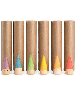 Grapat Baby Sticks - 6 Piccoli Gnomi Multicolore - 6 Cilindri di Cartone - Legno Sostenibile Giochi Creativi