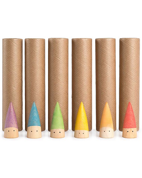 Grapat Baby Sticks - 6 Piccoli Gnomi Multicolore - 6 Cilindri di Cartone - Legno Sostenibile Giochi Montessoriani