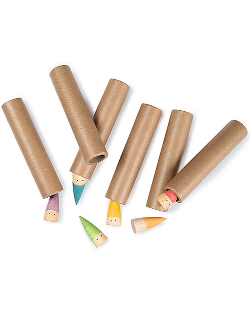 Grapat Baby Sticks - 6 Piccoli Gnomi Multicolore - 6 Cilindri di Cartone - Legno Sostenibile Giochi Montessoriani