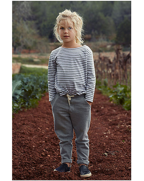 Gray Label Maglia Maniche Lunghe, RIghe Bianco/Grigio Melange - 100% jersey di cotone bio Maglie Manica Lunga