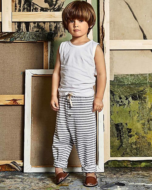 Gray Label Pantaloni con Cavallo Basso, Righe Grigio Melange/Bianco - 100% jersey di cotone bio morbidissimo Pantaloni Lunghi