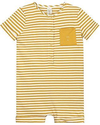 Gray Label Tuta Estiva con Taschino e Bottoncino (2-3 anni) - Righe Mustard/Off White - 100% cotone bio Tutine Corte