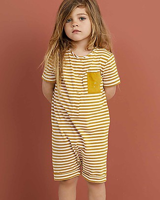 Gray Label Tuta Estiva con Taschino e Bottoncino (2-3 anni) - Righe Mustard/Off White - 100% cotone bio Tutine Corte