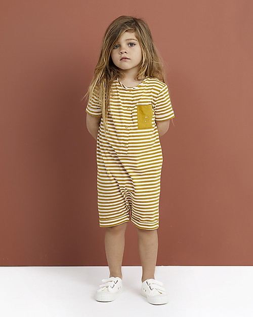 Gray Label Tutina Maniche Corte con Taschino (fino a 2 anni) - Righe Mustard/Off White - 100% cotone bio Tutine Corte