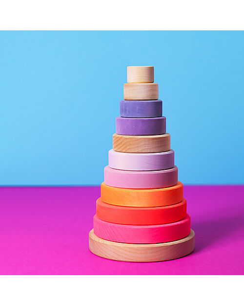 Grimm's Gioco da Impilare in Legno Cono d'Anelli - Comprende 10 Anelli - Rosa Neon Giochi Montessoriani