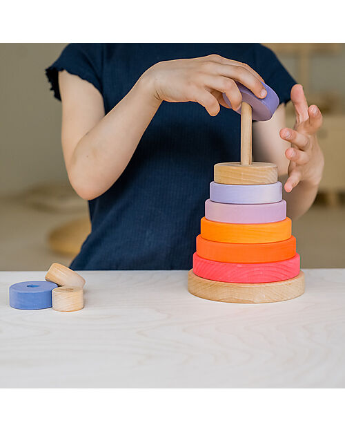 Grimm's Gioco da Impilare in Legno Cono d'Anelli - Comprende 10 Anelli - Rosa Neon Giochi Montessoriani