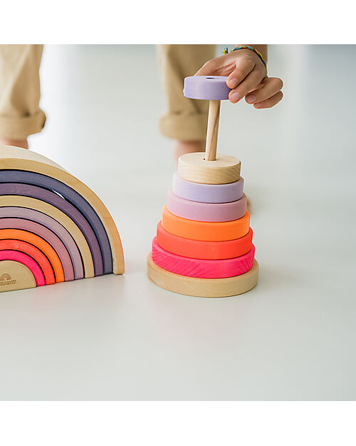 Grimm's Gioco da Impilare in Legno Cono d'Anelli - Comprende 10 Anelli - Rosa Neon Giochi Montessoriani