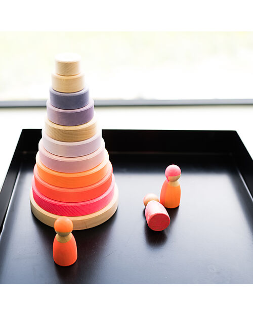 Grimm's Gioco da Impilare in Legno Cono d'Anelli - Comprende 10 Anelli - Rosa Neon Giochi Montessoriani
