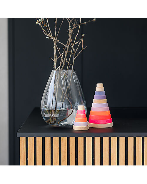Grimm's Gioco da Impilare in Legno Cono d'Anelli - Comprende 10 Anelli - Rosa Neon Giochi Montessoriani