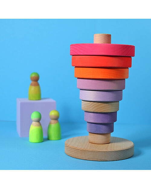 Grimm's Gioco da Impilare in Legno Cono d'Anelli - Comprende 10 Anelli - Rosa Neon Giochi Montessoriani