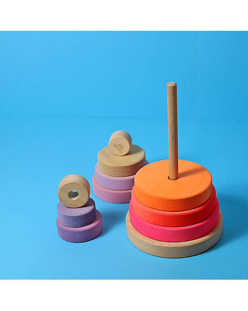 Grimm's Gioco da Impilare in Legno Cono d'Anelli - Comprende 10 Anelli - Rosa Neon Giochi Montessoriani