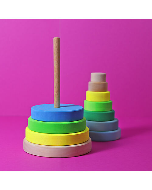 Grimm's Gioco da Impilare in Legno Cono d'Anelli - Comprende 10 Anelli - Verde Neon Giochi Montessoriani