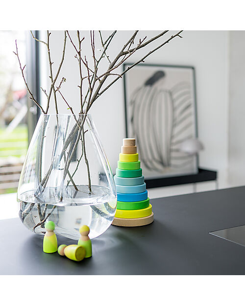 Grimm's Gioco da Impilare in Legno Cono d'Anelli - Comprende 10 Anelli - Verde Neon Giochi Montessoriani