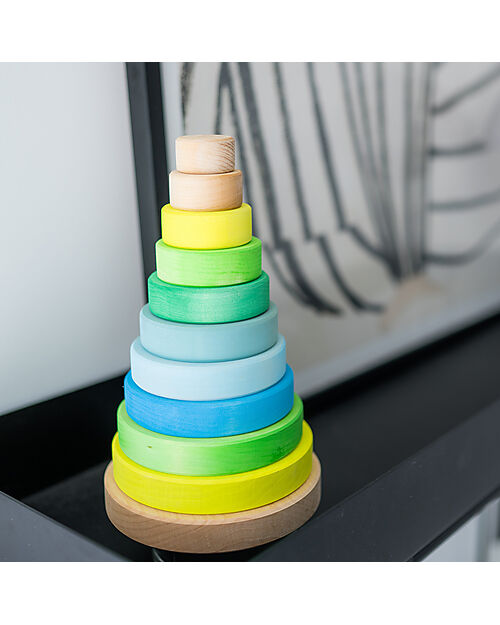 Grimm's Gioco da Impilare in Legno Cono d'Anelli - Comprende 10 Anelli - Verde Neon Giochi Montessoriani
