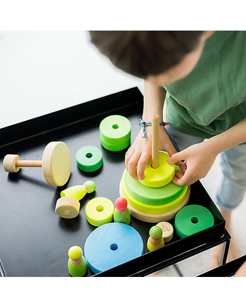 Grimm's Gioco da Impilare in Legno Cono d'Anelli - Comprende 10 Anelli - Verde Neon Giochi Montessoriani