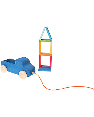 Grimm's Gioco in Legno da Tirare e Spingere Camioncino Blu - Con 10 mattoncini colorati! Giochi da Tirare e Spingere
