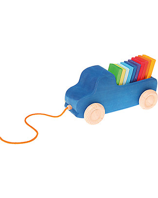Grimm's Gioco in Legno da Tirare e Spingere Camioncino Blu - Con 10 mattoncini colorati! Giochi da Tirare e Spingere