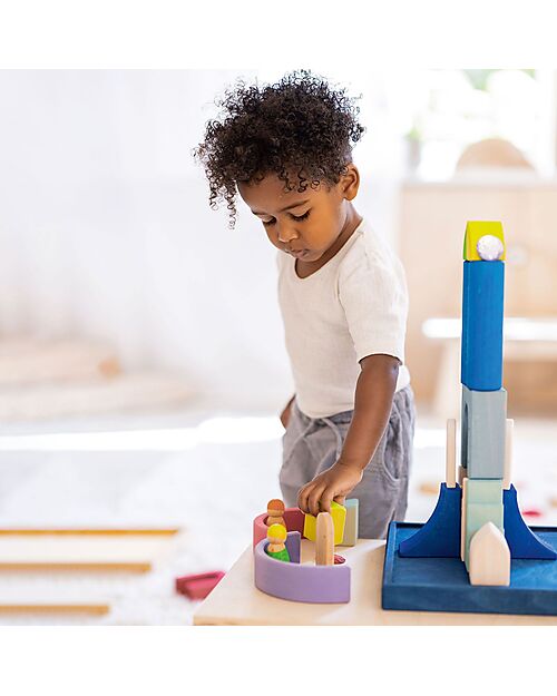 Grimm's Set Gioco Costruzioni del Mondo - Luce Polare - Blu - Bianco Costruzioni in Legno