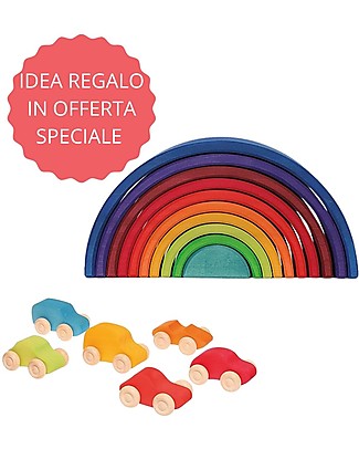Grimm's Tunnel Arcobaleno + Macchinine in legno colorate Incastri in Legno