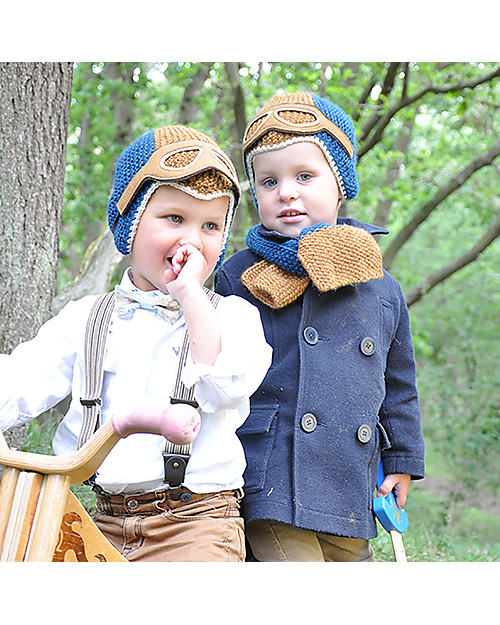 Hats Over Heels Cappello Vespa con Occhialini Amovibili, Blu/Caramello - Lana merino foderata in pile Cappelli Invernali