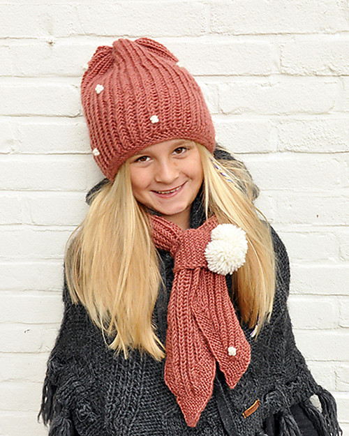 Hats Over Heels Sciarpa Bimba Fiocco di Neve con Punte e Pon Pon, Rosa Taupe (2-6 anni) - Lana Merino Guanti