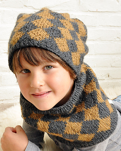 Hats Over Heels Sciarpa Girocollo a Rombi Lumberjack, Caramello e Carbone (0-2 anni) - Lana merino foderata in pile Guanti