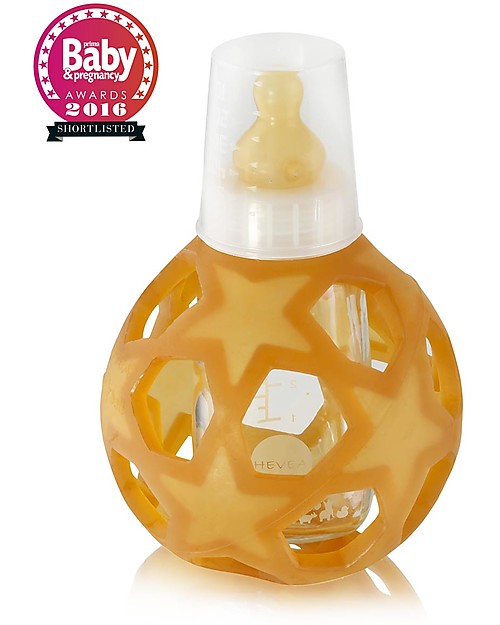 Hevea Biberon Star Ball 2 in 1 -  Biberon 150 ml in Vetro +  Gioco in Gomma Naturale - Bianco (Sicuro, atossico e perfetto per le manine!) Accessori Biberon
