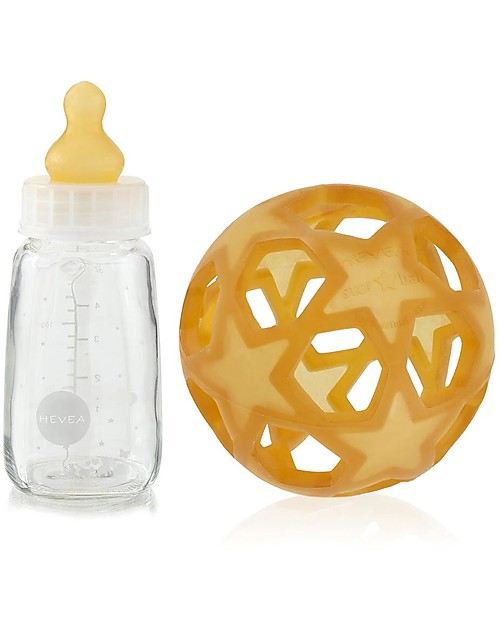 Hevea Biberon Star Ball 2 in 1 -  Biberon 150 ml in Vetro +  Gioco in Gomma Naturale - Bianco (Sicuro, atossico e perfetto per le manine!) Accessori Biberon
