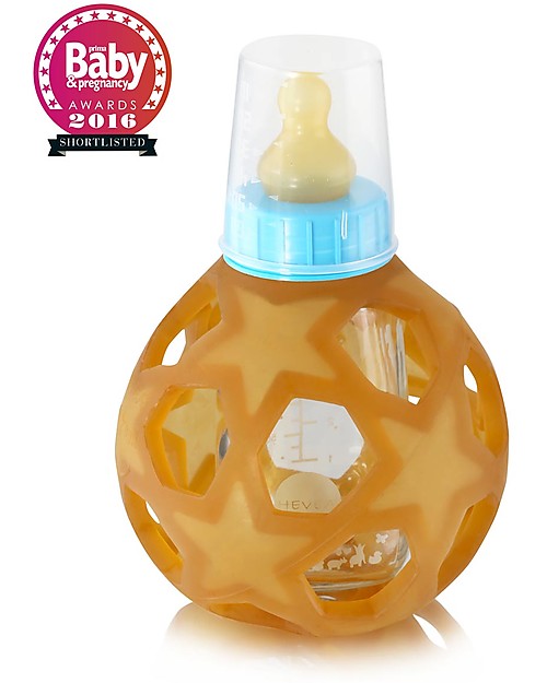 Hevea Biberon Star Ball 2 in 1 -  Biberon 150 ml in Vetro +  Gioco in Gomma Naturale - Blu (Sicuro, atossico e perfetto per le manine!) Accessori Biberon