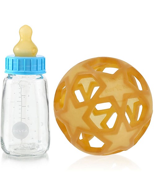 Hevea Biberon Star Ball 2 in 1 -  Biberon 150 ml in Vetro +  Gioco in Gomma Naturale - Blu (Sicuro, atossico e perfetto per le manine!) Accessori Biberon