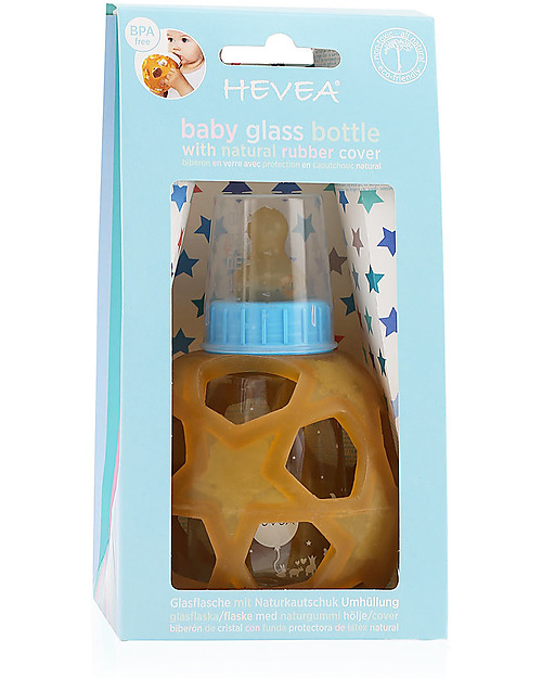 Hevea Biberon Star Ball 2 in 1 -  Biberon 150 ml in Vetro +  Gioco in Gomma Naturale - Blu (Sicuro, atossico e perfetto per le manine!) Accessori Biberon