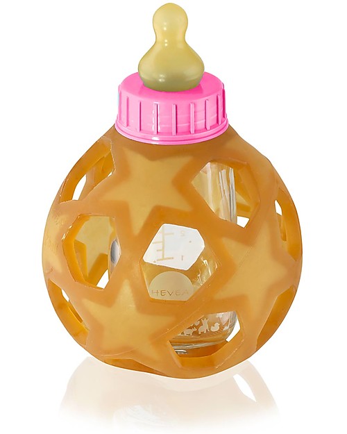 Hevea Biberon Star Ball 2 in 1 -  Biberon 150 ml in Vetro +  Gioco in Gomma Naturale - Rosa (Sicuro, atossico e perfetto per le manine!) Accessori Biberon