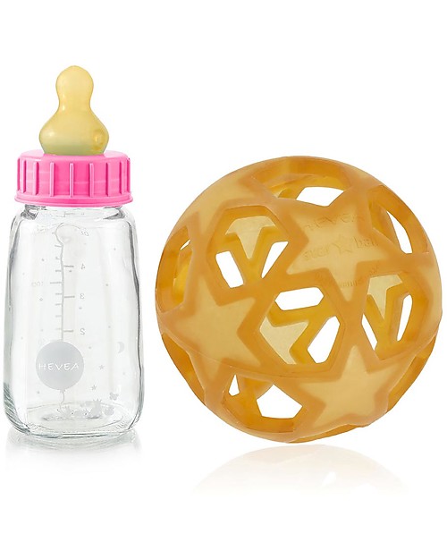 Hevea Biberon Star Ball 2 in 1 -  Biberon 150 ml in Vetro +  Gioco in Gomma Naturale - Rosa (Sicuro, atossico e perfetto per le manine!) Accessori Biberon
