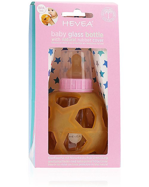 Hevea Biberon Star Ball 2 in 1 -  Biberon 150 ml in Vetro +  Gioco in Gomma Naturale - Rosa (Sicuro, atossico e perfetto per le manine!) Accessori Biberon