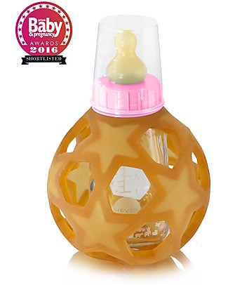 Hevea Biberon Star Ball 2 in 1 - Biberon 150 ml in Vetro + Gioco in Gomma Naturale - Rosa (Sicuro, atossico e perfetto per le manine!) Biberon In Vetro
