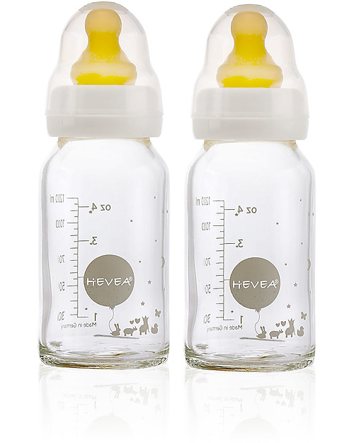 Hevea Set di 2 Biberon 150ml in Vetro con 2 Tetterelle 3-24 mesi, Flusso Medio Accessori Biberon